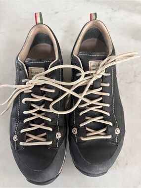 Black Leather Italian Dolomite Gore-tex low top trail shoes with Cream Laces